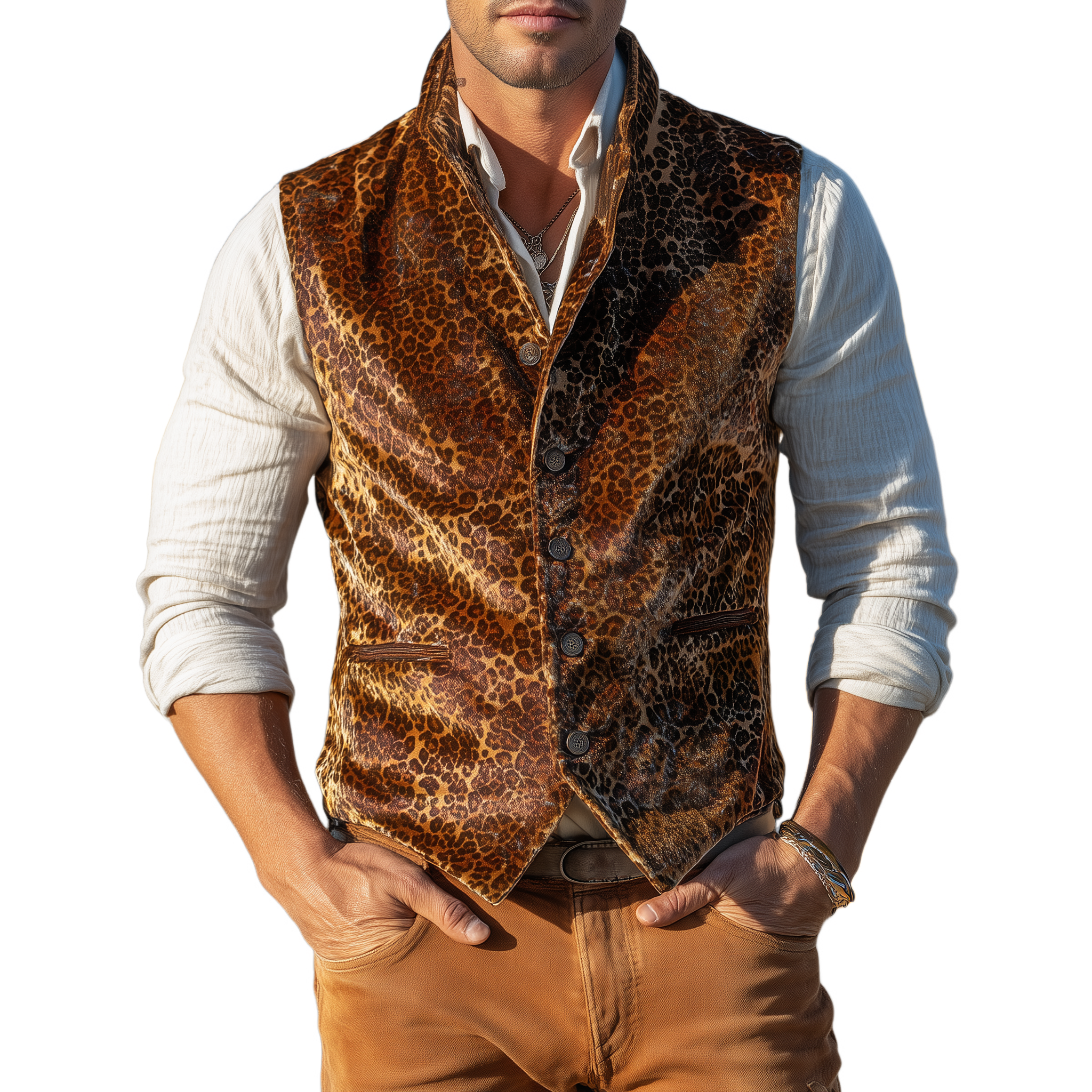 Men's Classic Casual Stand Collar Velvet Leopard Print Slim Vest MTA3082H1K