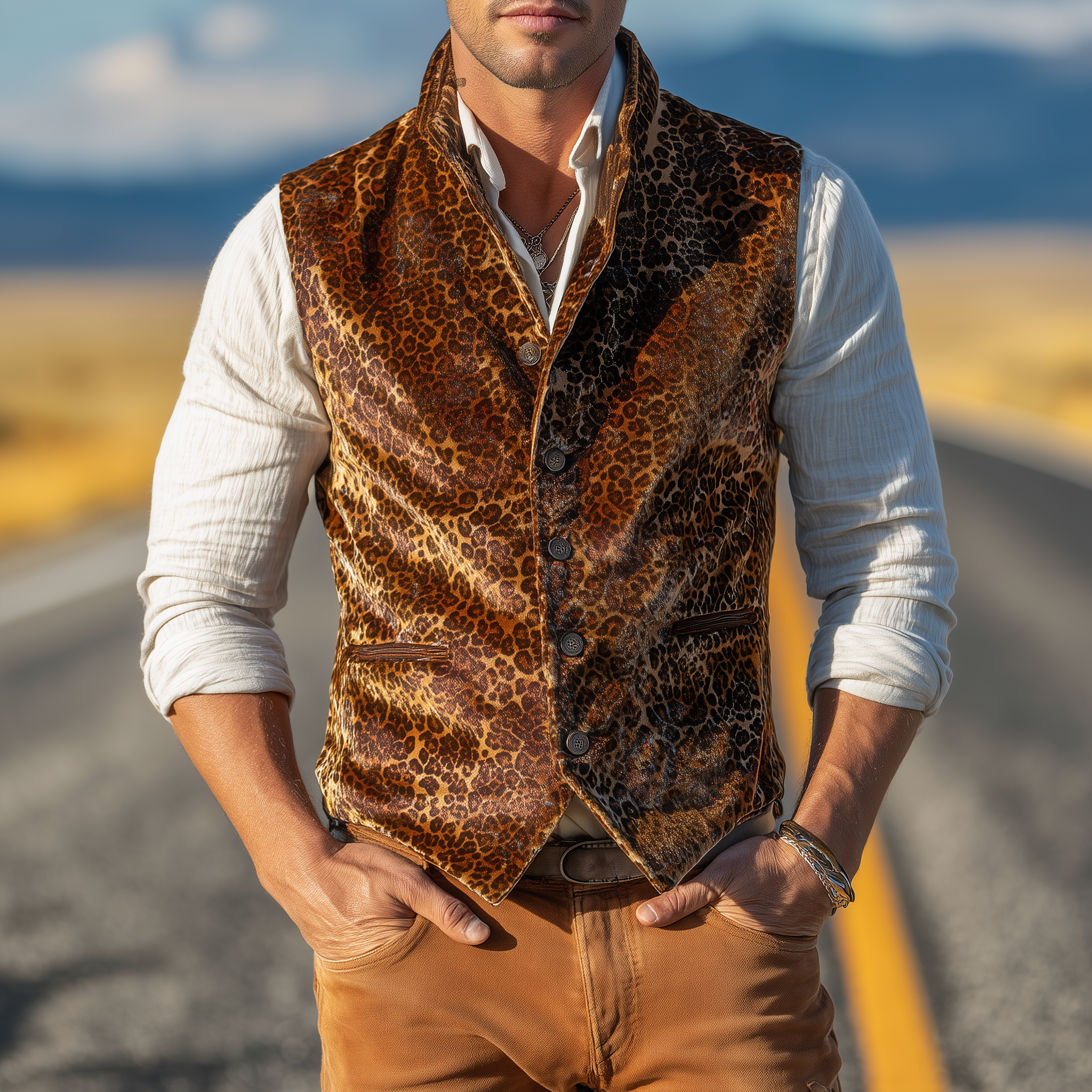 Men's Classic Casual Stand Collar Velvet Leopard Print Slim Vest MTA3082H1K