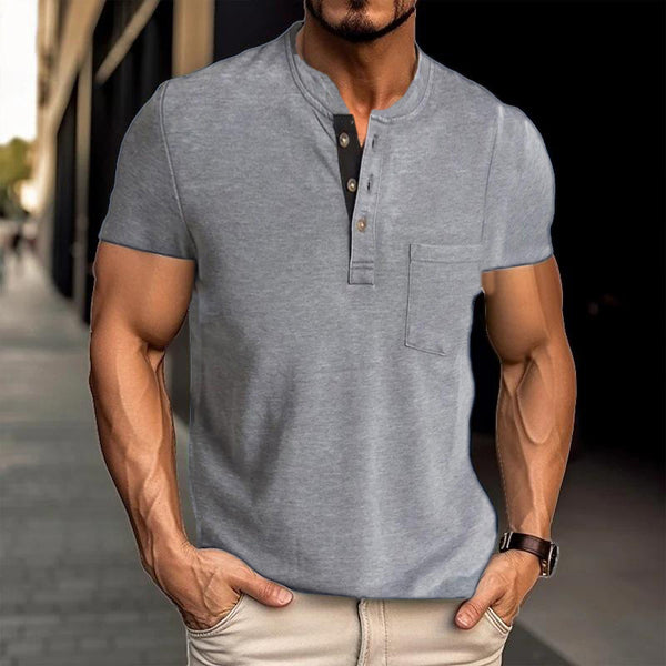 Men's Casual Solid Color Henley Collar Chest Pocket Short Sleeve T-Shirt 48049058Y