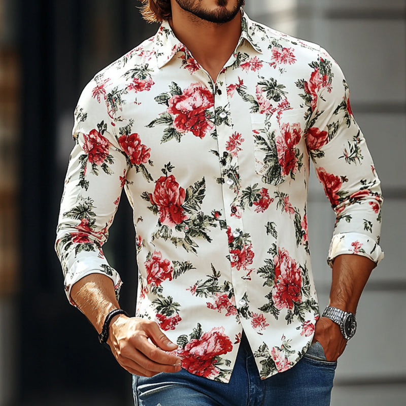 Men's Retro Casual Contrast Print Lapel Long Sleeve Shirt 29368993TO