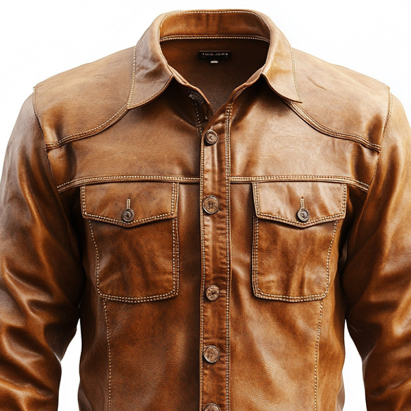 Men's Vintage Slim Fit Button-Down Leather Shirt 48237121U