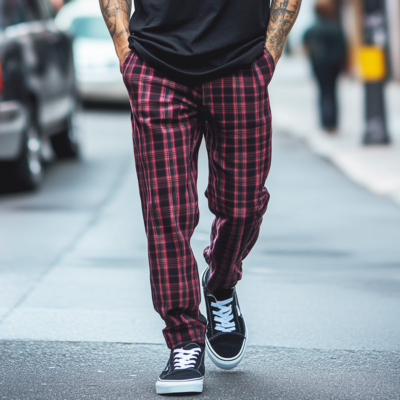 Men's Retro Casual Plaid Print Drawstring Straight Pants 81504195TO