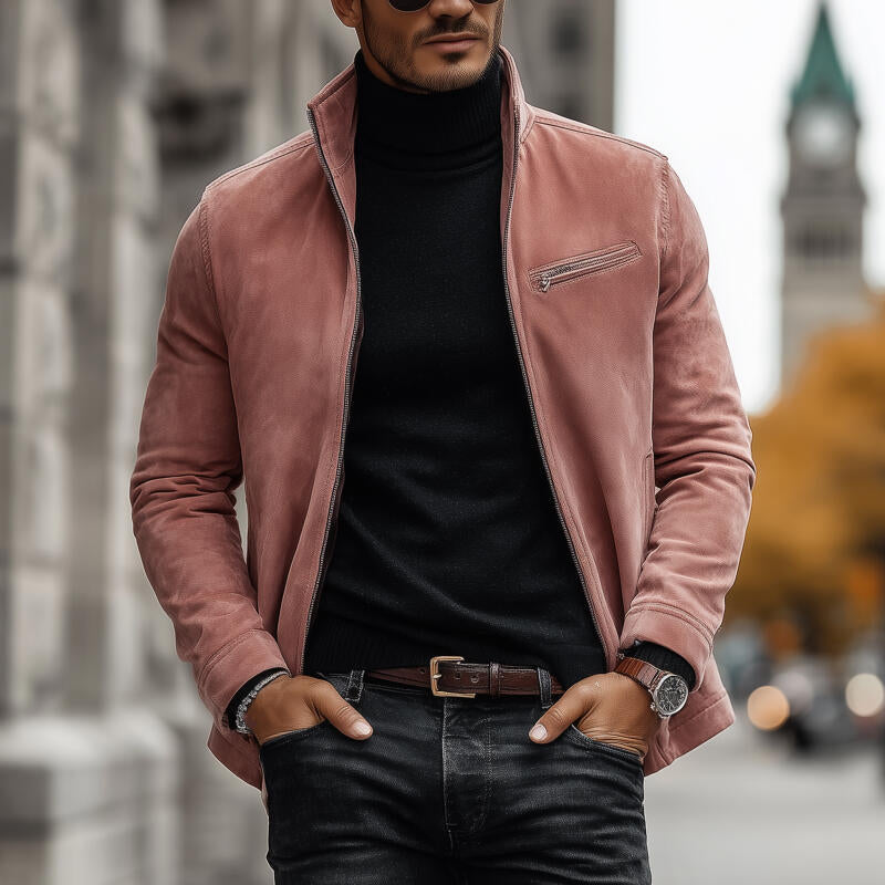 Men's Vintage Solid Color Faux Suede Stand Collar Zipper Placket Loose Jacket MTA2115H7M