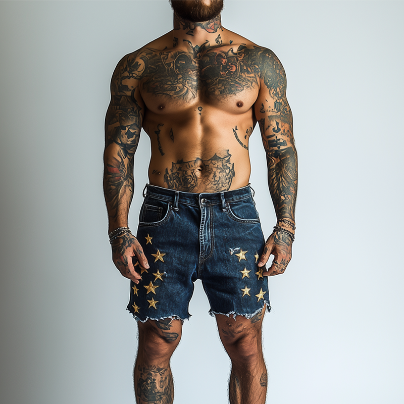 Men's Star Embroidered Denim Shorts MTA1723F8X