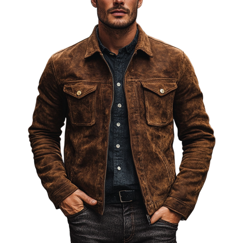 Men's Vintage Solid Lapel Zipper Jacket MTA2995H3X
