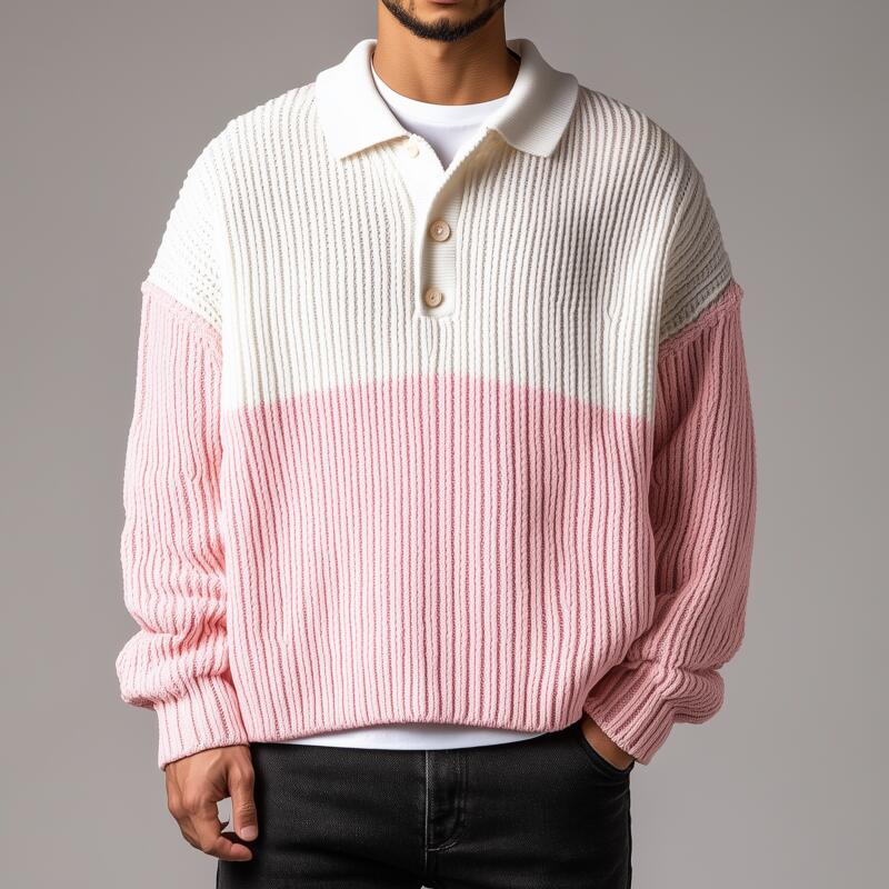 Men's Casual Contrast Color Polo Collar Loose Knit Long Sleeve Pullover Sweater MTA2716H0M