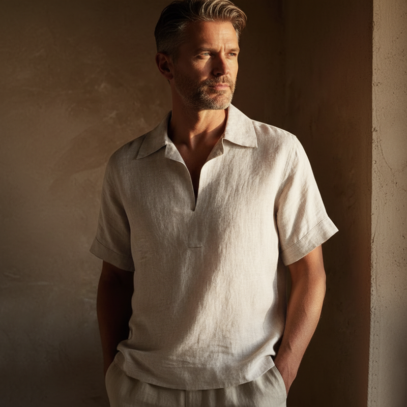 Men's Classic Cotton Linen V-Neck Casual Short-Sleeve T-Shirt MTZ1297B8U