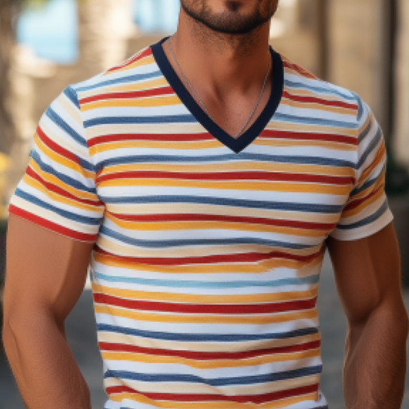 Men's Classic Casual Contrast Striped Patchwork Cotton Slim Fit T-shirt 55153504K