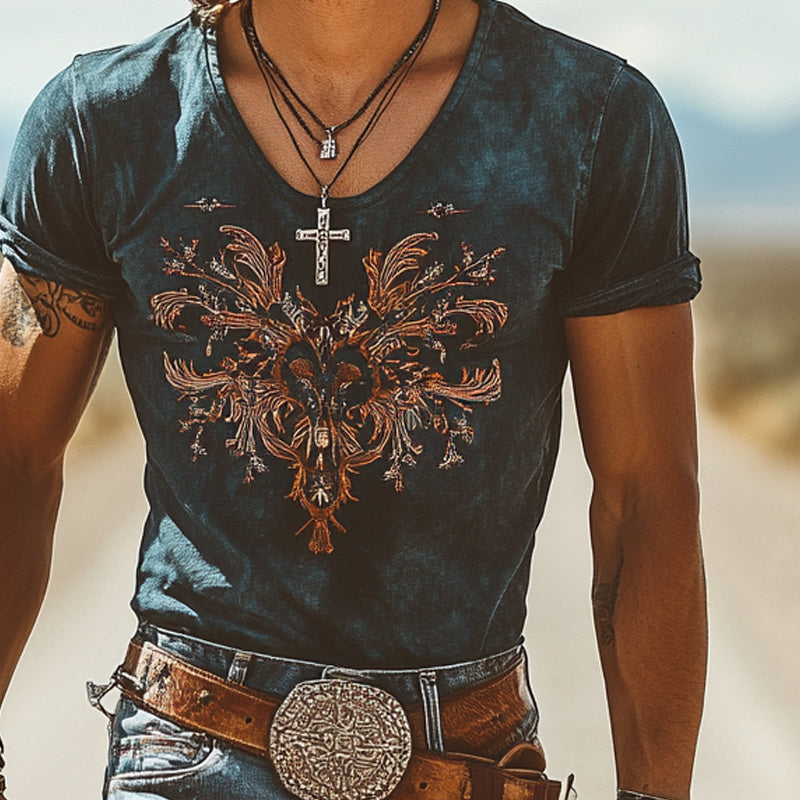 Men's Retro Western Cowboy Embroidered Short Sleeve T-Shirt MTA1321E7X