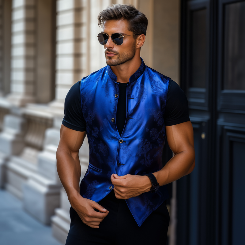 Men's Vintage Elegant Satin Jacquard Stand Collar Single Breasted Slim Suit Vest MTA2420G0M