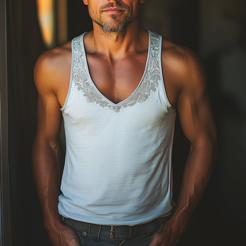 Men's Summer V-neck Cotton Embroidered Tank Top MTA3016D7U