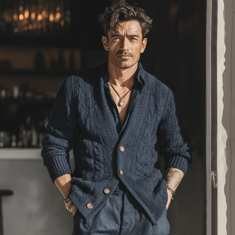 Men's Classic Cable Knit Jacquard Navy Blue Button-up Cardigan MTA2925K8U