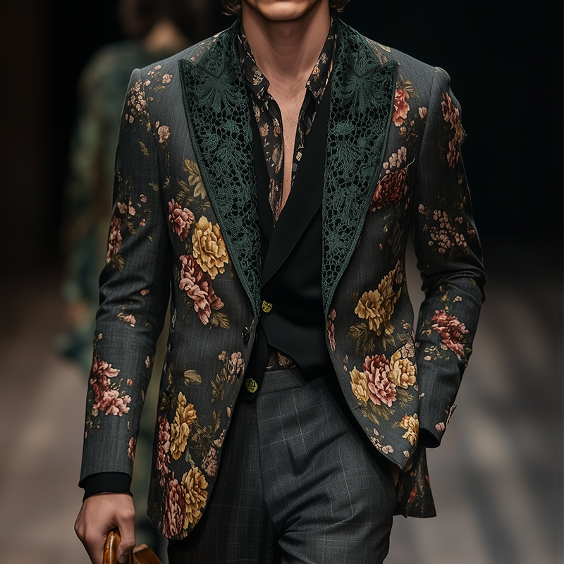 Men's Retro Large Flower Print Lace Stitching Casual Blazer MTA2197G9TO