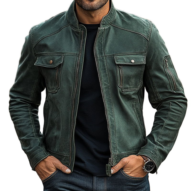 Men's Vintage Solid Color Washed Stand Collar Zipper Jacket MTA2830H5X