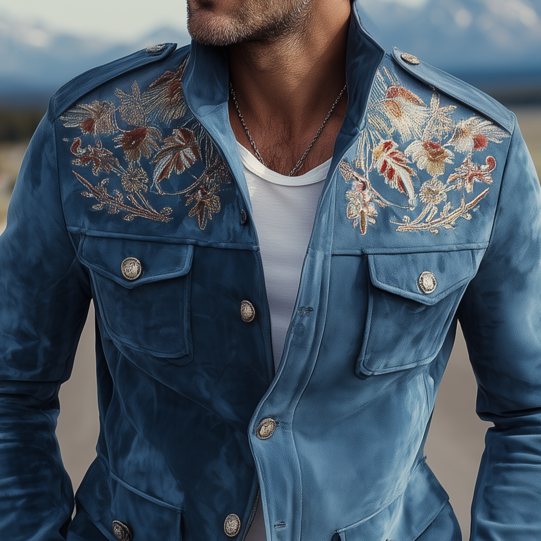 Men's Classic American Retro Western Style Embroidered Suede Multi-Pocket Jacket MTA2067H2K
