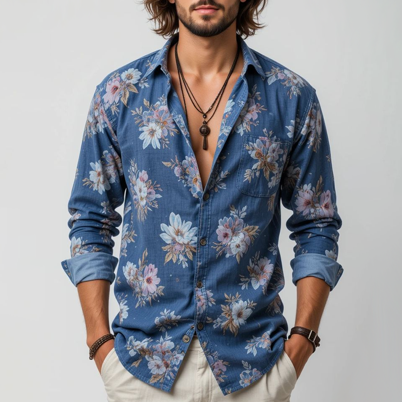 Men's Floral Lapel Long Sleeve Shirt MTA3052G5Z