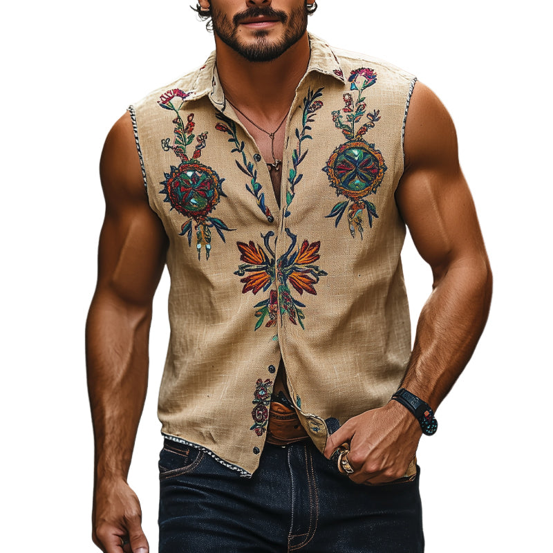 Men's Vintage Floral Embroidered Lapel Sleeveless Shirt MTA2757E9X