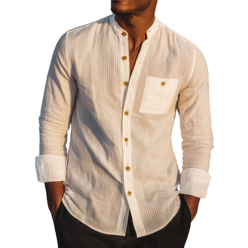 Men's Casual Breathable Cotton Striped Stand Collar Patch Pocket Slim Fit Long Sleeve Shirt MTA0752G8M