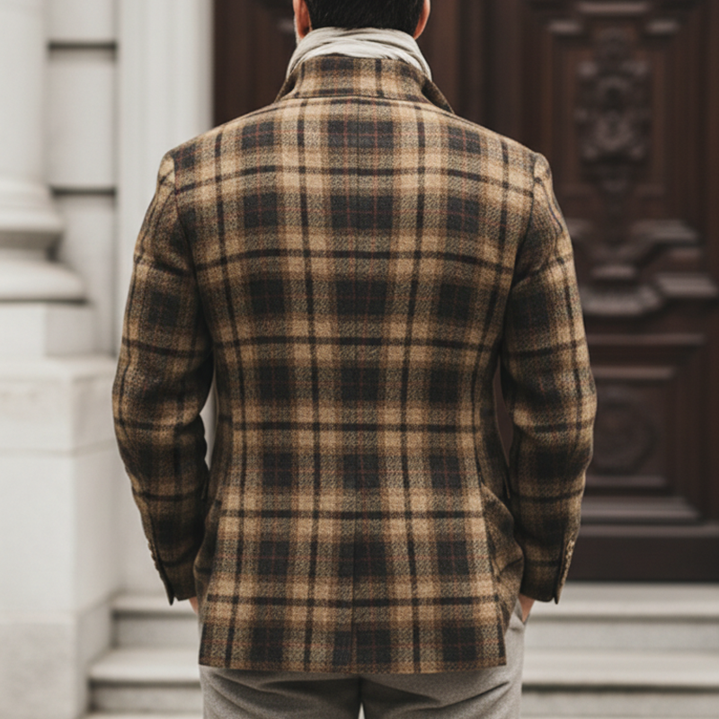 Men's Classic Plaid Stand Collar Double Vent Slim Fit Jacket MTA2249K8U