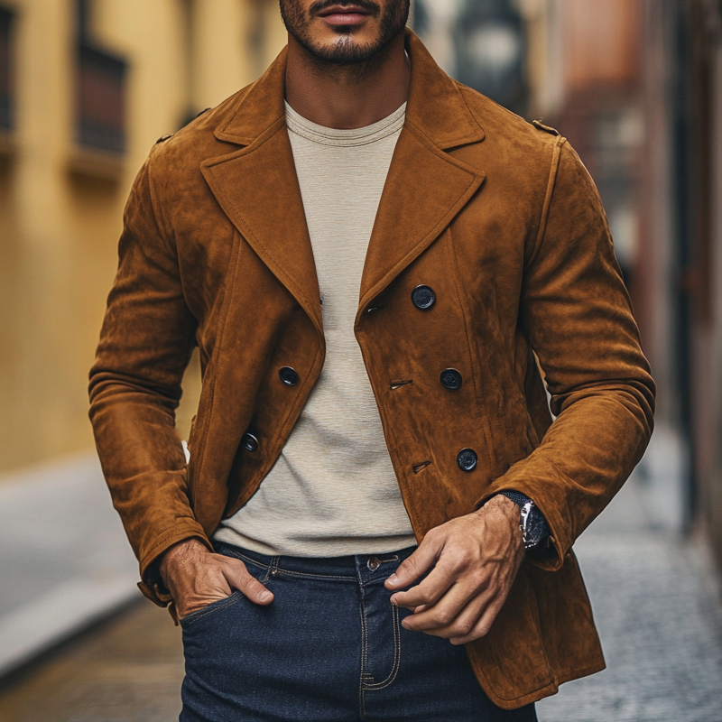Men's Vintage Solid Lapel Double-Breasted Faux Suede Jacket MTA0421I5X