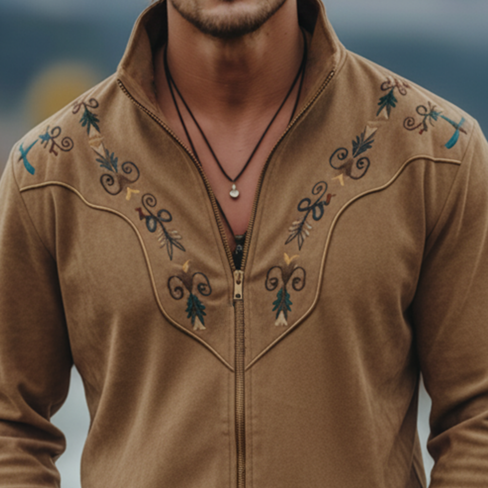 Men's Classic Retro Western-style Stand-up Collar Embroidered Faux Suede Zip-up Light Jacket MTA2719K3K