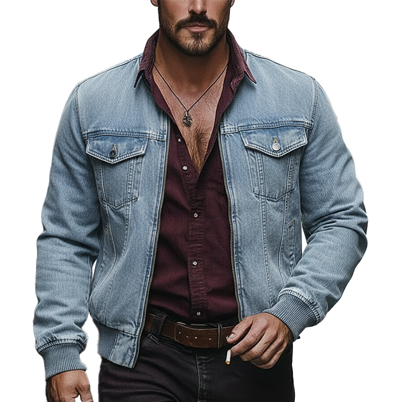 Men's Vintage Washed Denim Baseball Collar Jacket MTA1855L7P