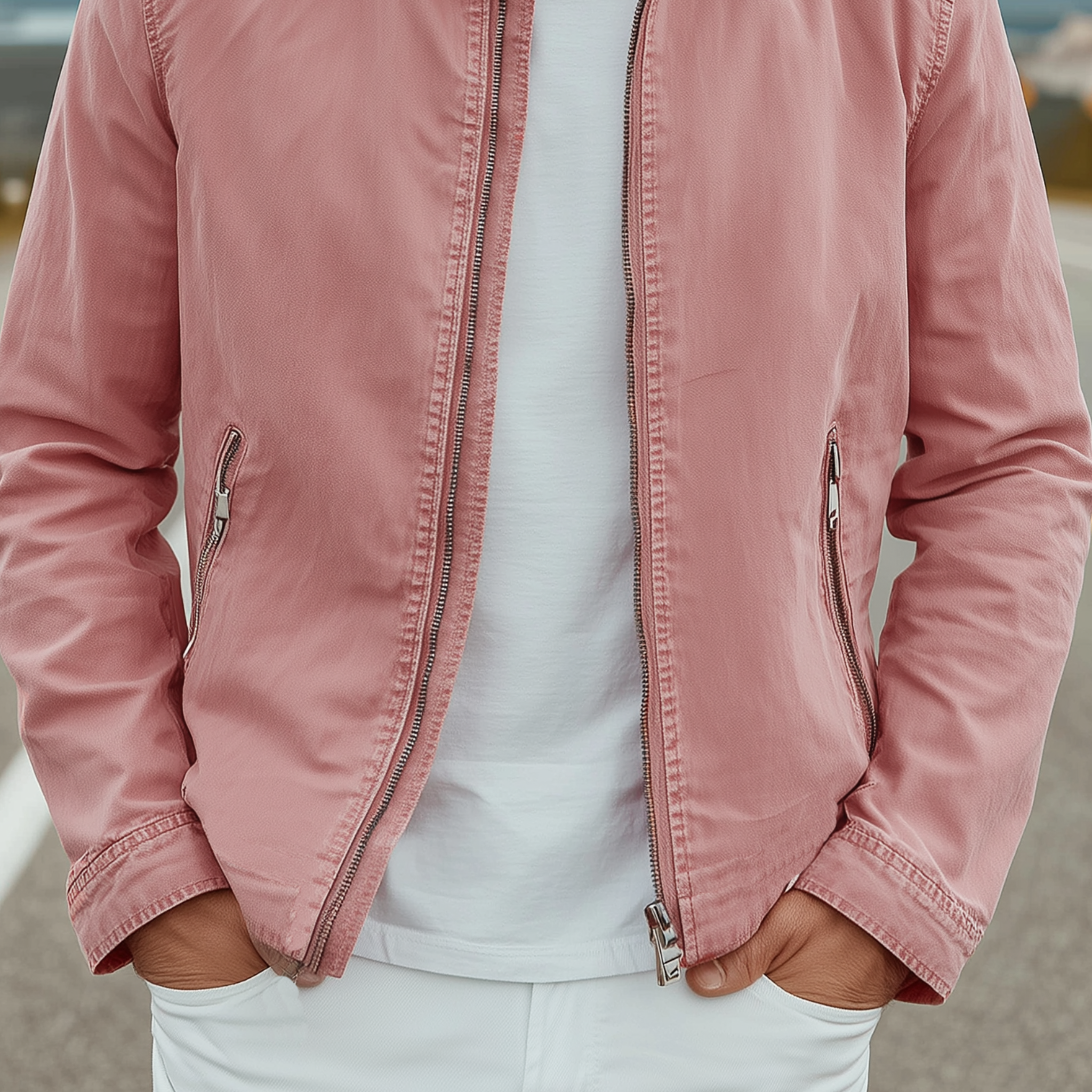 Men's Classic Casual Stand Collar Pink Cotton Blend Zip-Up Jacket MTA1080I6K