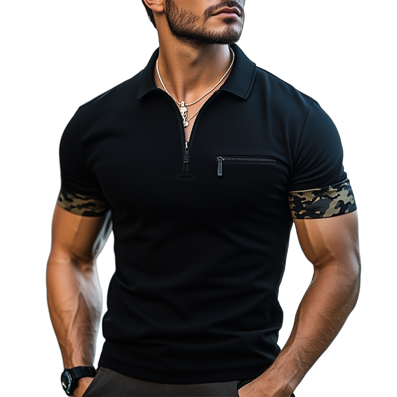 Men's Classic Cotton Camouflage Paneled Short Sleeve Zip-Up Polo Shirt MTA3136G2U