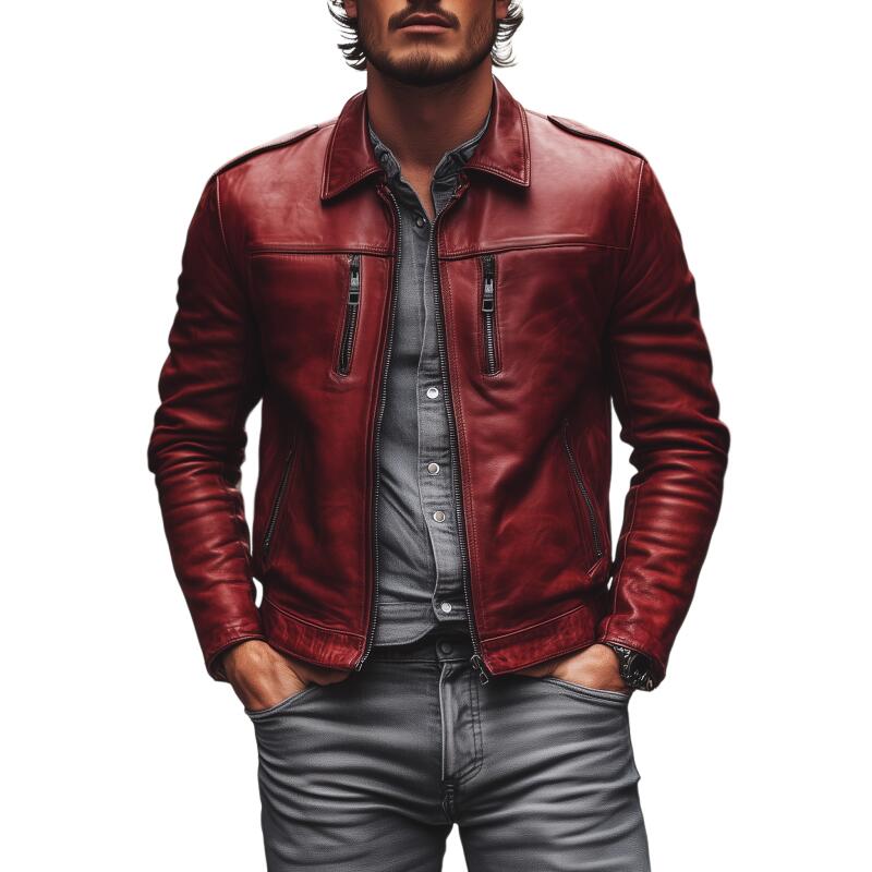 Men's Vintage Fashion Solid Color PU Lapel Zipper Placket Multi-Pocket Slim Fit Motorcycle Jacket MTA2734H0M