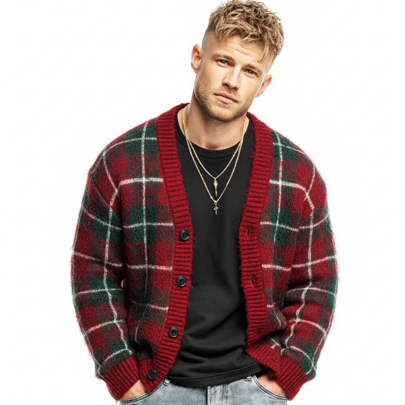 Men's Christmas Color-Blocked Plaid Knit Cardigan MTA1176K9U