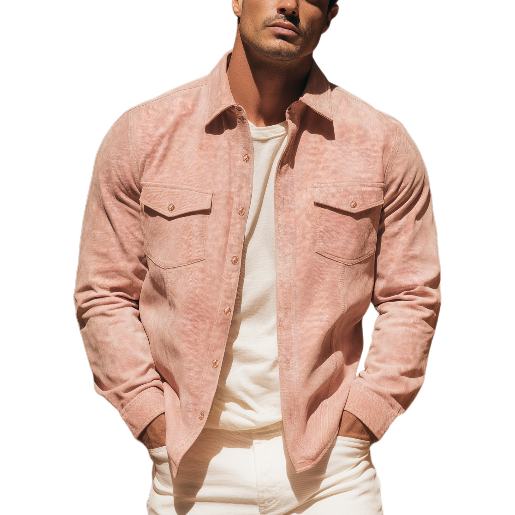 Men's Classic Casual Pink Suede Slim-fit Long-sleeved Shirt MTA2251H4K