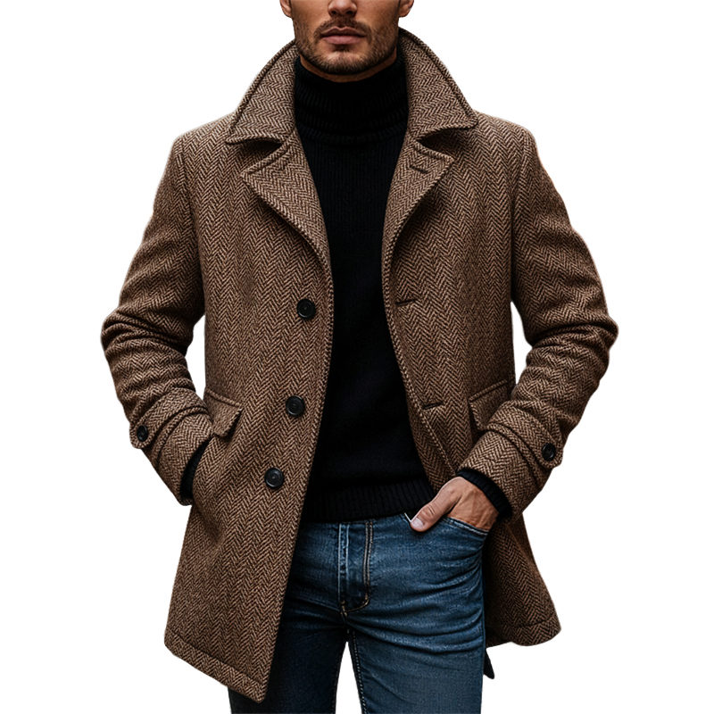 Men's Herringbone Vintage-style Mid-length Coat MTA1993K6X