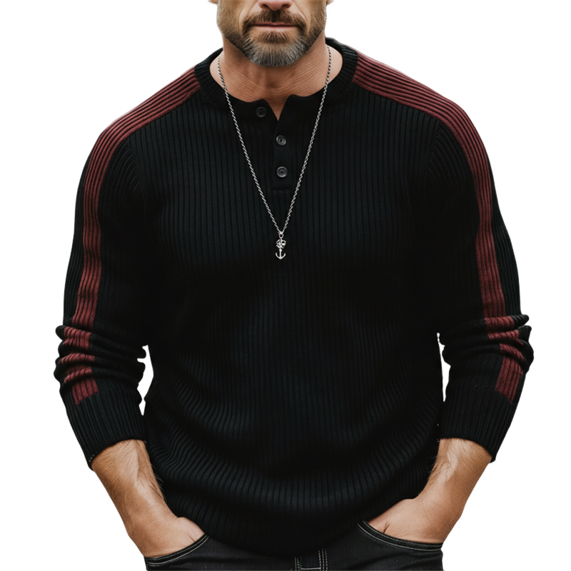 Men's Urban Three-Button Henley Collar Black And Red Knit Sweater MTZ1406A4U