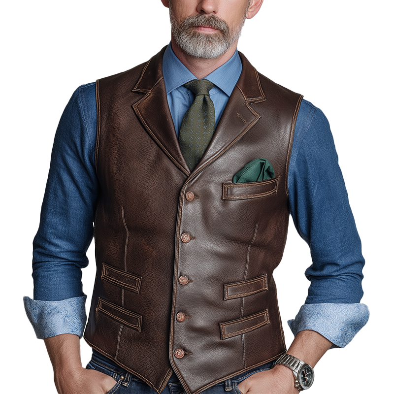 Men's Vintage Faux Pocket Textured Faux Leather Vest MTA2685H5P