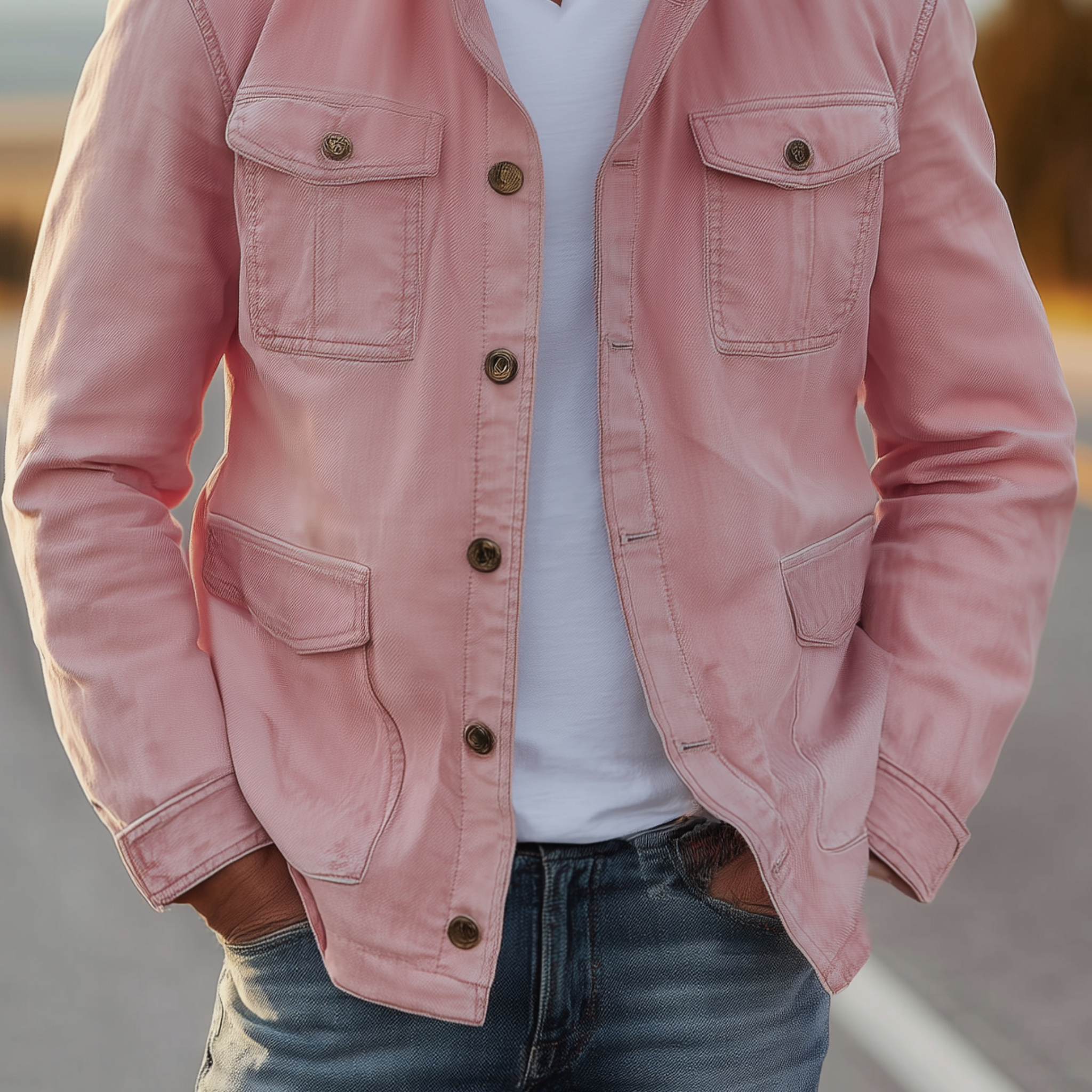 Men's Classic American Retro Western Style Stand Collar Washed Pink Denim Multi-pocket Jacket MTA2096H5K