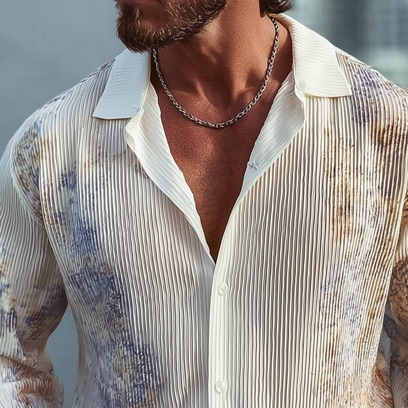 Men's Fashion Print Striped Textured Lapel Long Sleeve Shirt MTA1752G2Z