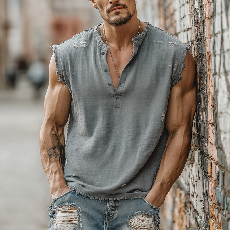 Men's Summer Casual Tough Style Henley Collar Cotton Blended Raw Edge Ripped Tank Top MTA1605G6K
