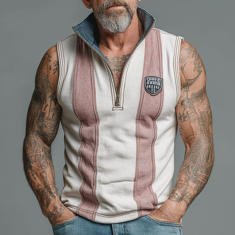 Men's Summer Cotton Blend Vintage Print Sleeveless Zipper Tank Top MTA1433G7P