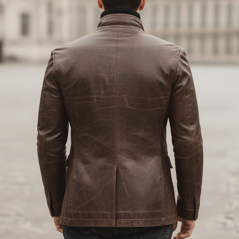 Men's Retro Stand Collar Multi-Button Distressed Patchwork Crocodile Texture PU Leather Jacket MTA1968K4U