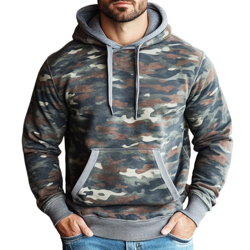 Men's Retro Casual Camouflage Print Drawstring Hoodie 96616359TO