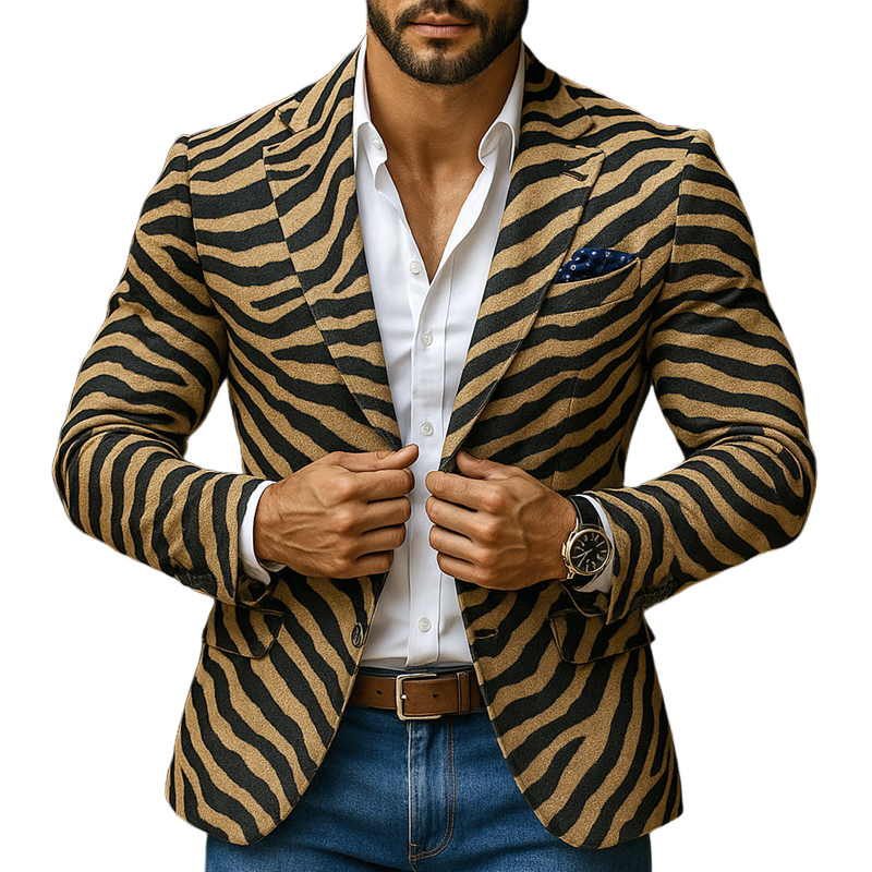 Men's Zebra Print Faux Suede Notch Lapel Two Buttons Blazer MTA0148I1Z