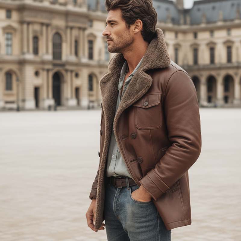 Men's Warm PU Leather And Lamb Wool Lining Double-breasted Short Coat MTA1228K4U