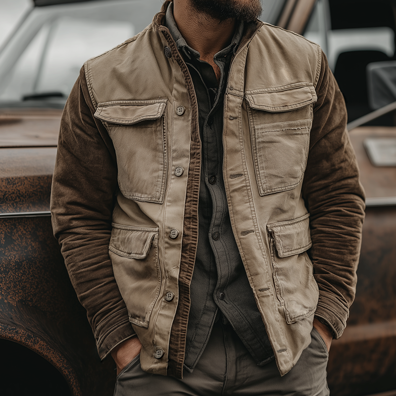 Men's Retro Casual Western Style Colorblock Cotton Washed Distressed Lapel Jacket MTA2814H0TO