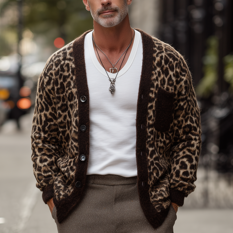 Men's Vintage Leopard Knit Button Cardigan MTA1478H8U