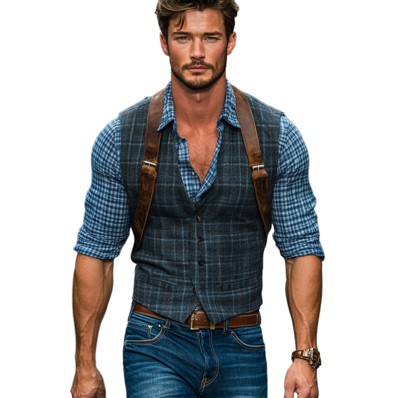 Men's Vintage Plaid Blended V-Neck Slim Vest 43513686U