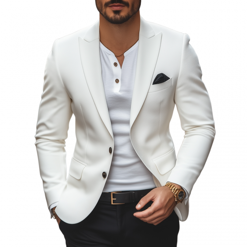Men's Casual Solid Color Horizontal Striped Textured Fabric Peaked Lapel Single-breasted Slim-fit Blazer MTA2584G1M