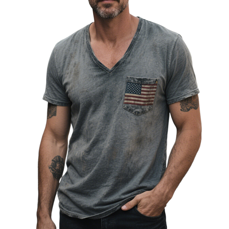 Men's Retro Casual Flag Print V-Neck Short Sleeve T-Shirt MTA1064G1TO