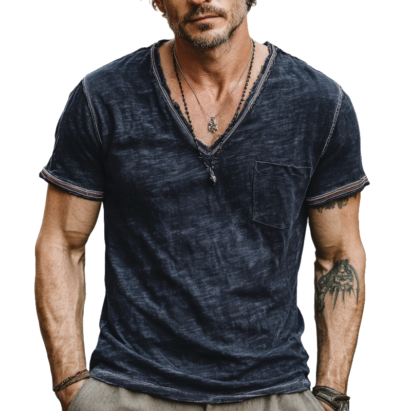 Men's Cotton Blended Solid Color V-Neck Short Sleeve T-Shirt MTA0316G9X