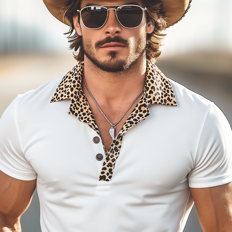Men's Spring And Summer Classic Casual Western Retro Cotton Blended Leopard Print Short-Sleeved Polo Shirt MTA1006E5K