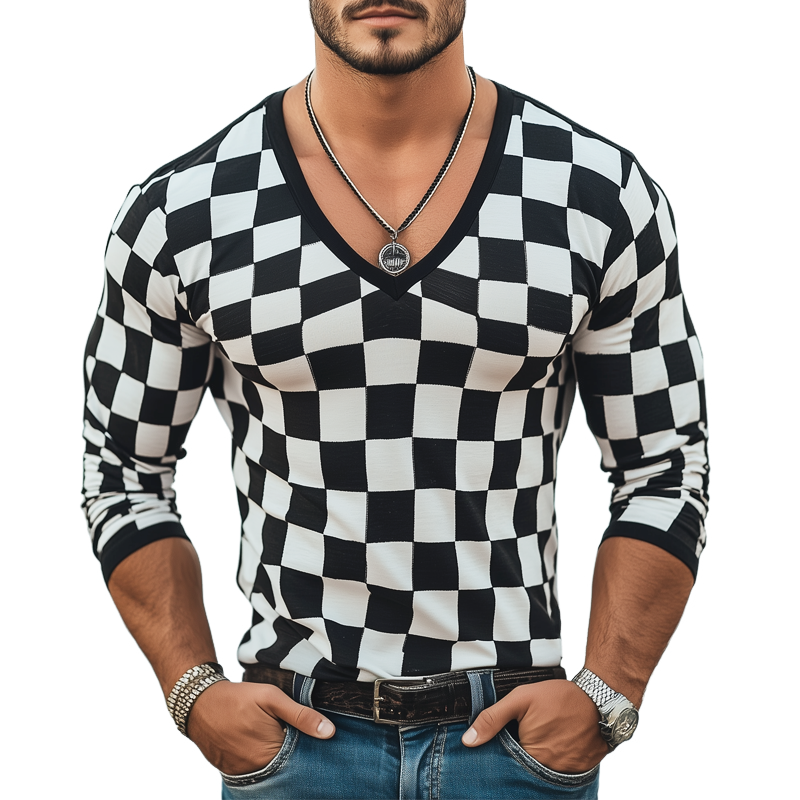 Men's Classic Checkerboard Deep V Neck Long Sleeve T-Shirt MTA2237G6U